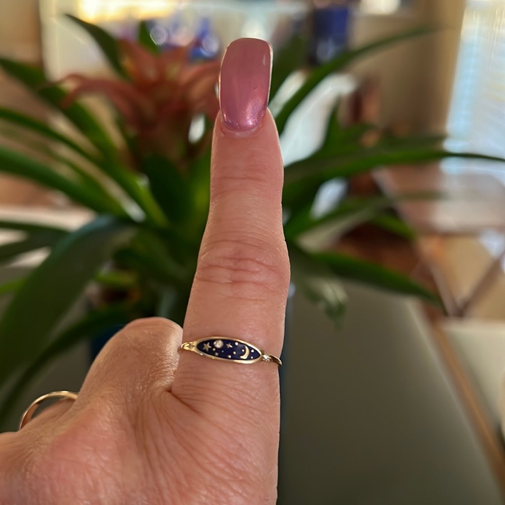 14kt Yellow Gold Blue Enamel Blue Moon and Diamond Star Dainty Ring